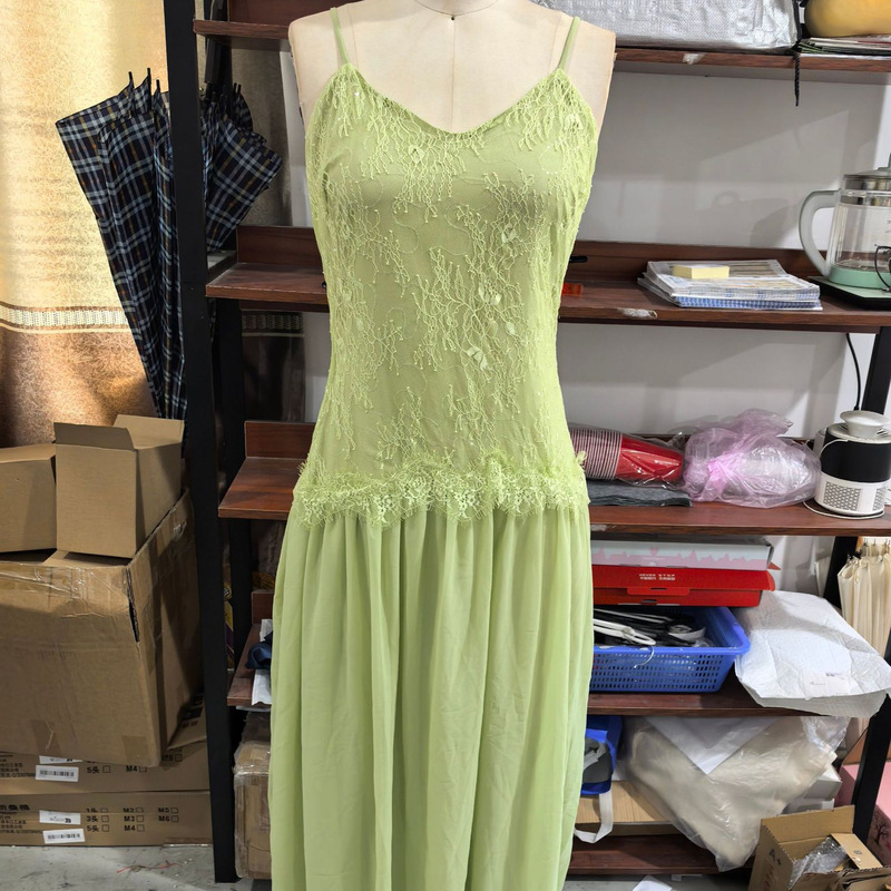 In-Stock European and American Cross-Border Exquisite High-End Light Luxury Waist-Cinching Slimming Mesh Green Spaghetti Strap Dress Women's Clothing In-Stock European and American Cross-Border Exquisite High-End Light Luxury Waist-Cinching Slimming Mesh Green Spaghetti Strap Dress Women's Clothing