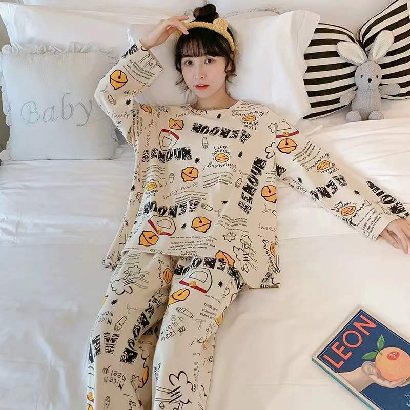Pajamas for Women Spring & Fall Korean Style 2025 Long-Sleeved Cute Student Cartoon Suit Loose Autumn and Winter Home Wear Suit