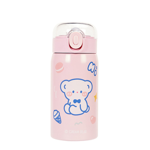 Cartoon Bear 304 Stainless Steel Insulated Tumbler with Bouncing Lid and Straw Water Cup for Students and Couples Drinking Cups