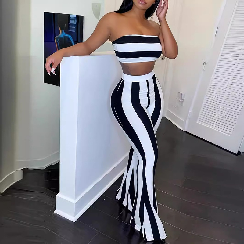 Striped Suit for Women in Hot Girl Style, New Spring and Summer One-Shoulder Tube Top and High-Waisted Long Pants Two-Piece Set-Gc243 Striped Suit for Women in Hot Girl Style, New Spring and Summer One-Shoulder Tube Top and High-Waisted Long Pants Two-Piece Set-Gc243
