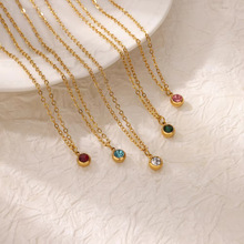 外贸简约迷你生日石钻石项链圆形18K精致不锈钢转运珠锆石项链女