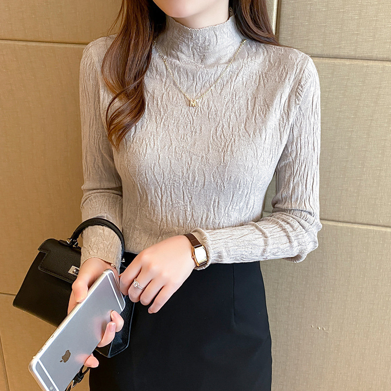 Blanco medio cuello alto suéter de las mujeres Camiseta de manga larga 2022 otoño e invierno nuevo suéter delgado superior