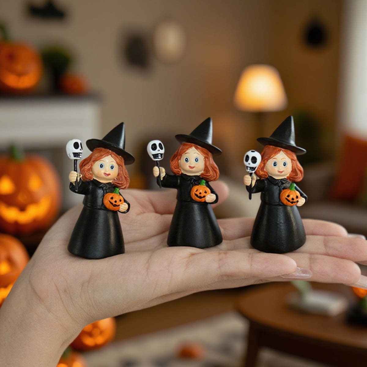 Halloween Decoration Scene Layout Props Little Witch Set of Three Creative Handheld Skeleton Ghost Head Witch Ornaments 