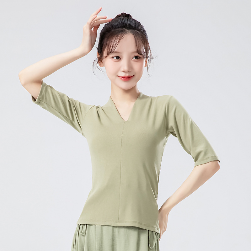モダンダンス練習着 女性用 新型 Vネック スリムフィット 半袖ニットトップス 中国舞踊 日常体操 ダンスウェア|undefined