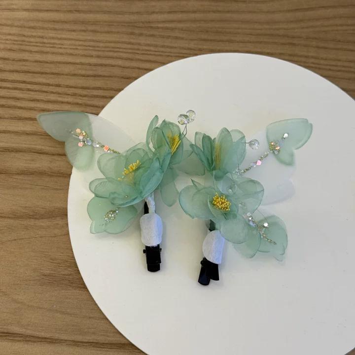 Original Handmade Early Spring Vintage-Style Fresh Green Butterfly Floral Hairpin Hair Accessory Hanfu Accessory Fairy-Like Hair Ornament