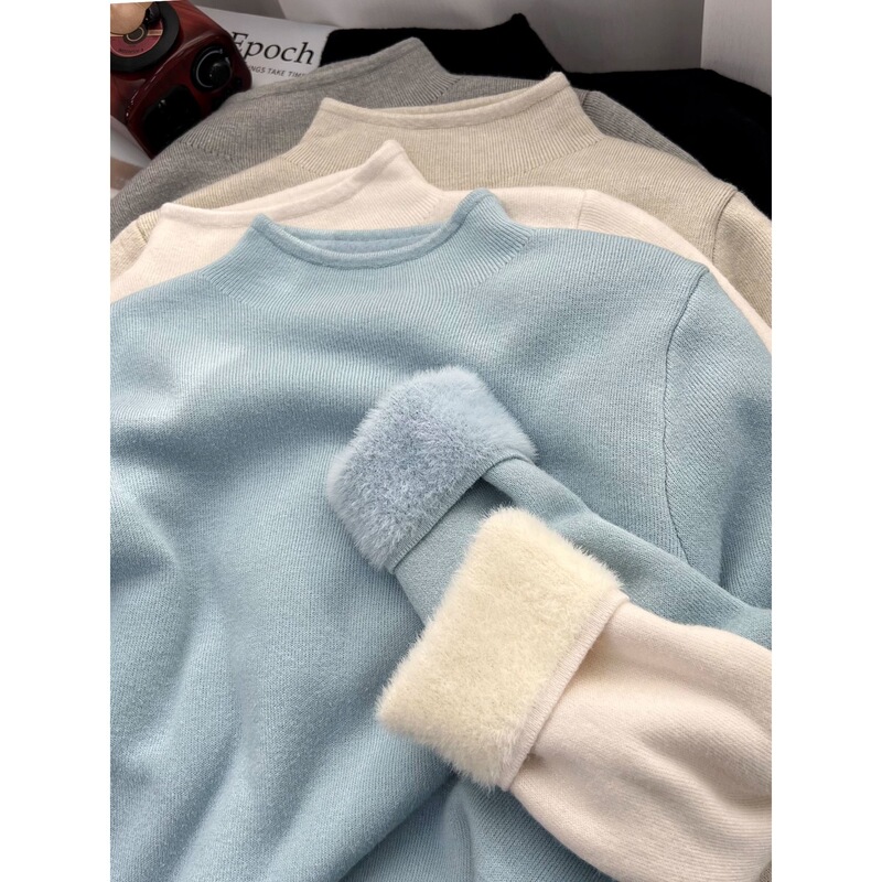Soft and Fluffy Sweater Half Turtleneck Bottoming Shirt for Women in Autumn and Winter Thickeneded One-Piece Velvet Gentle Pure Color Knitted Warm Top