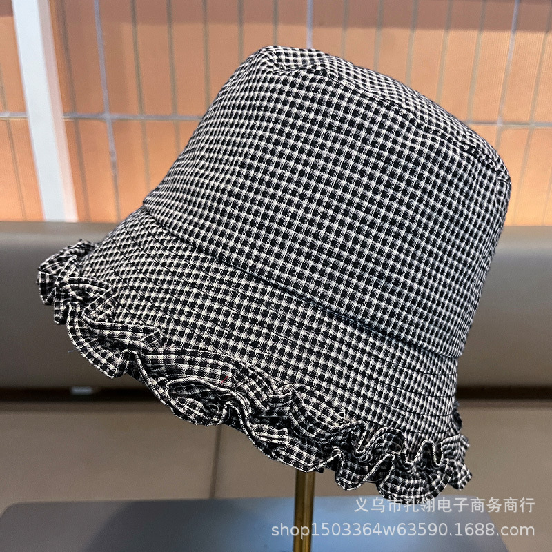 2025新款日系文艺复古格子渔夫帽女秋冬季小众设计感牛仔花边盆帽|undefined