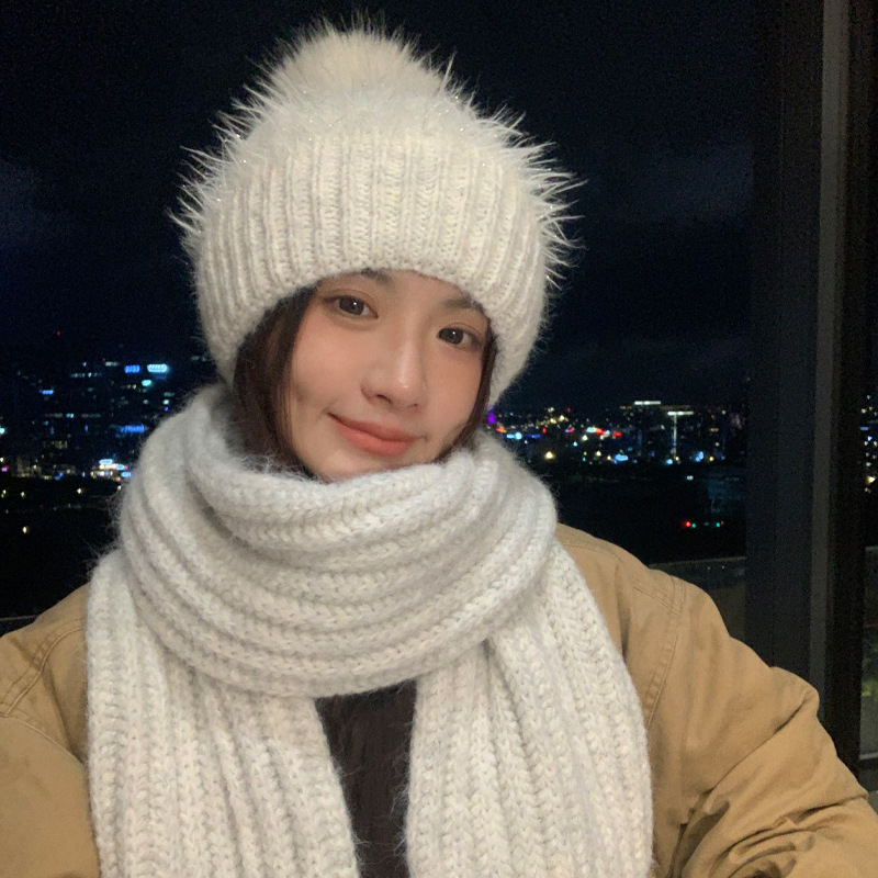 韩版冬天帽子女时尚针织毛线帽大头围保暖毛绒帽纯色百搭围巾套装