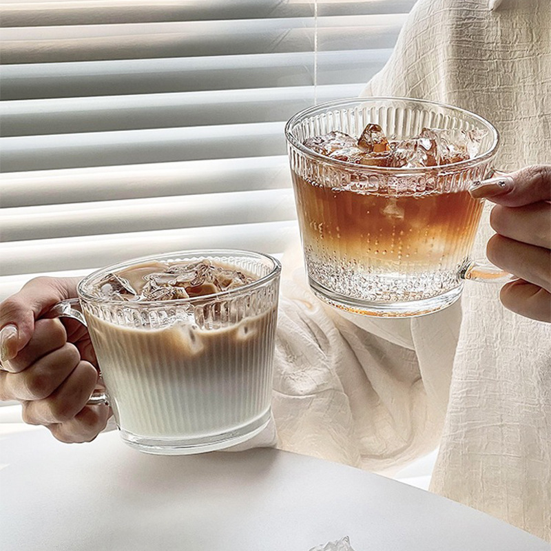 With handle glass cup vertical stripe ins style cup ice American latte glass milk cup high color value coffee cup With handle glass cup vertical stripe ins style cup ice American latte glass milk cup high color value coffee cup