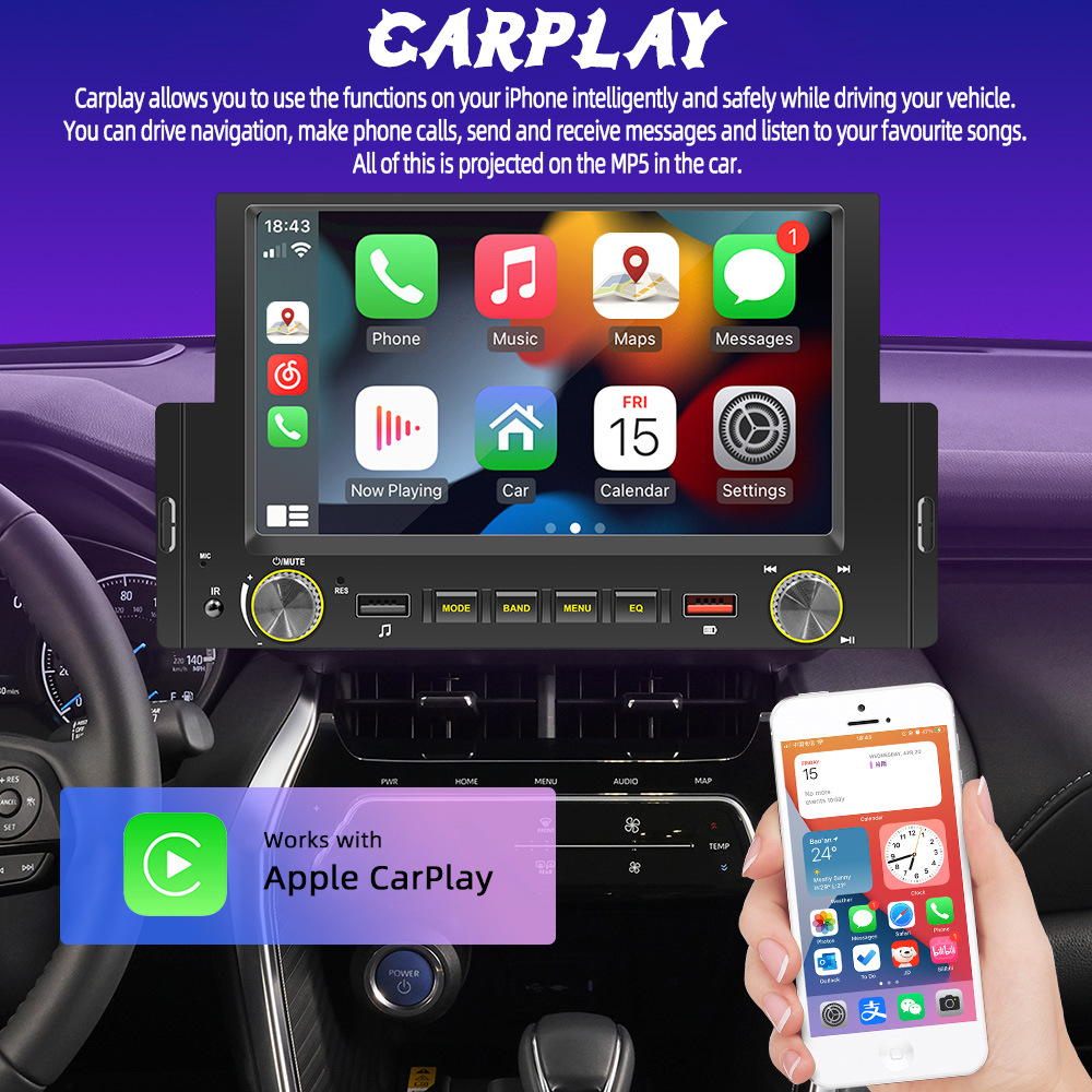 6.2inch Single-Cylinder Wired Carplay Android Auto Car Bluetooth Mp5 Player Radio Reversing Priority 12V