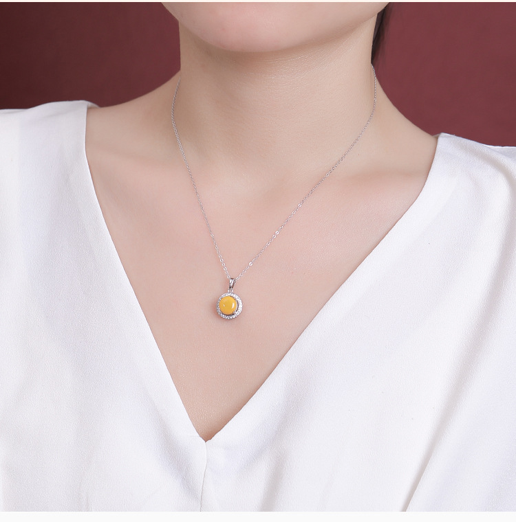 Mặt dây chuyền bạc S925 mạ vàng sáp ong viền zircon hình tròn phong cách hoang dã — Bạc (mặt dây chuyền đơn) chi tiết 7