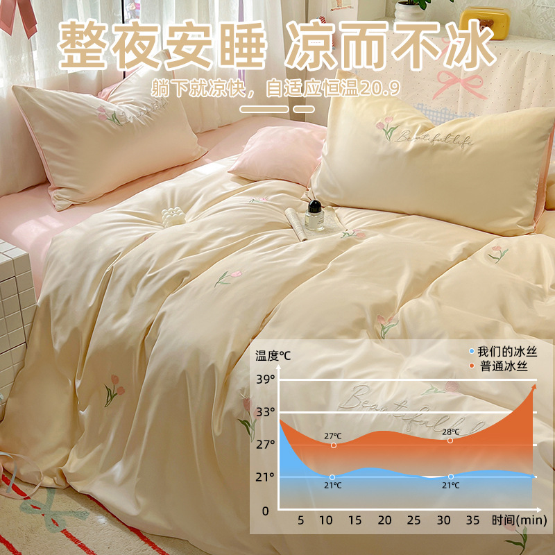 Juego de cuatro piezas de cama de seda de hielo lavado de verano, juego de funda de edredón de sábanas de seda de hielo fresco, lavable a máquina, dormitorio doméstico