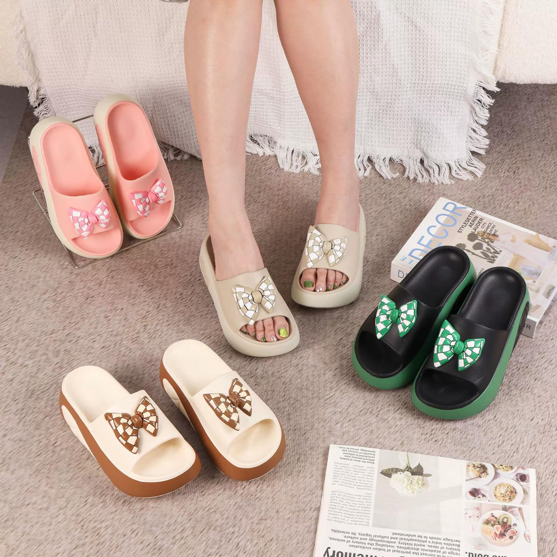夏季休闲厚底拖鞋女时尚松糕软底蝴蝶结一字拖外穿沙滩凉拖鞋批发