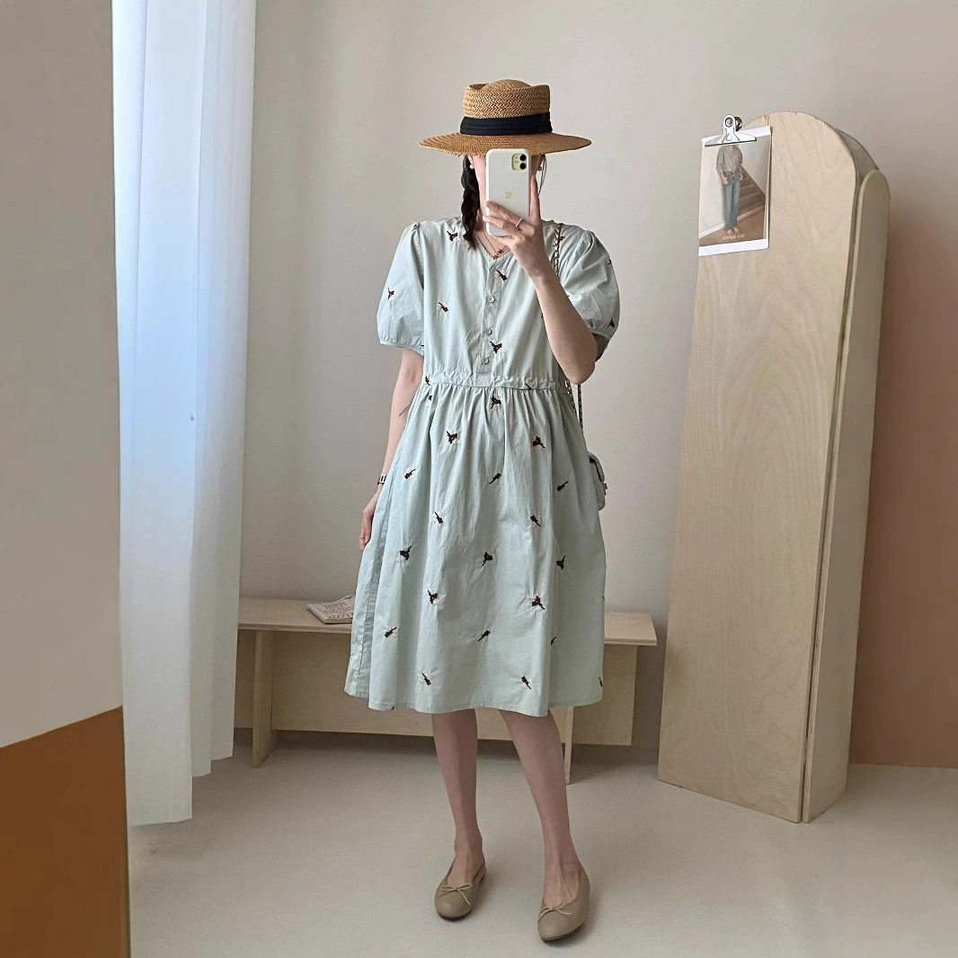 Летняя новая модель одежды для беременных тяжелая вышивка веревка для беременных хлопчатобумажная юбка Иностранный вес платье для беременных с короткими рукавами