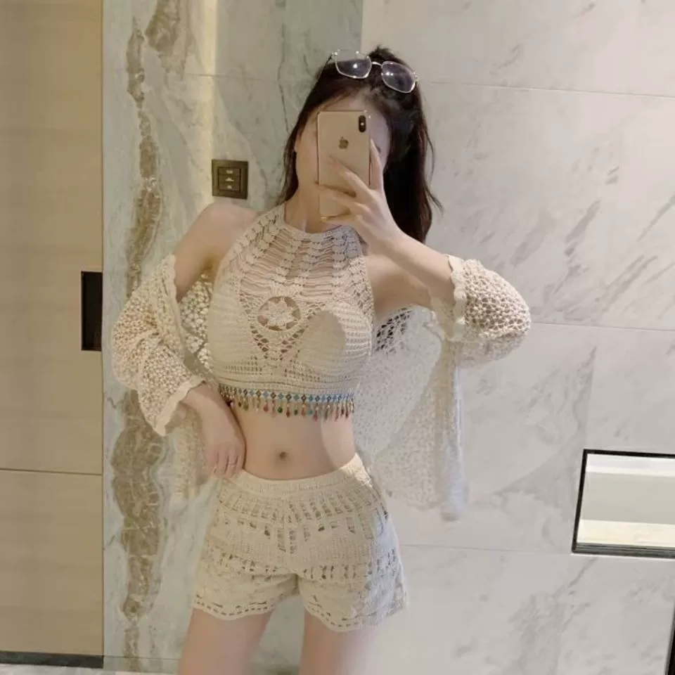 Set, cardigan, swimwear, shorts, 3 piece set, lifting effect, western style