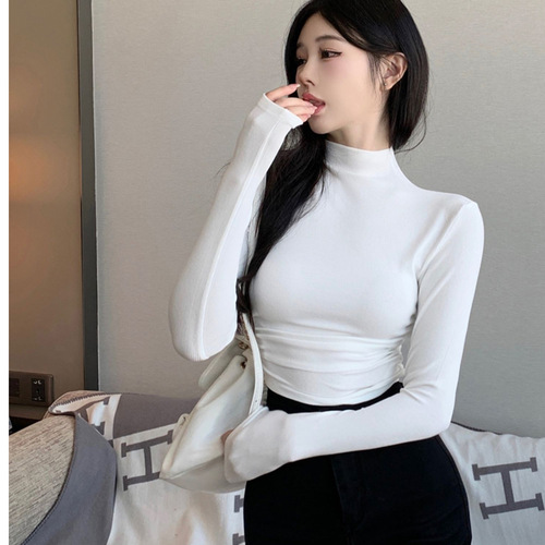 Autumn and winter hot girl top slim design T-shirt short waist waist feeling half-high collar bottom shirt for women exposed navel to show thin folds