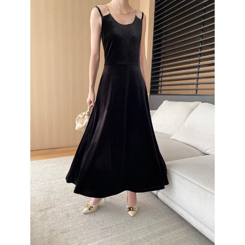 司南醋酸天丝黑丝绒长袖/吊带可选连衣裙秋冬新款