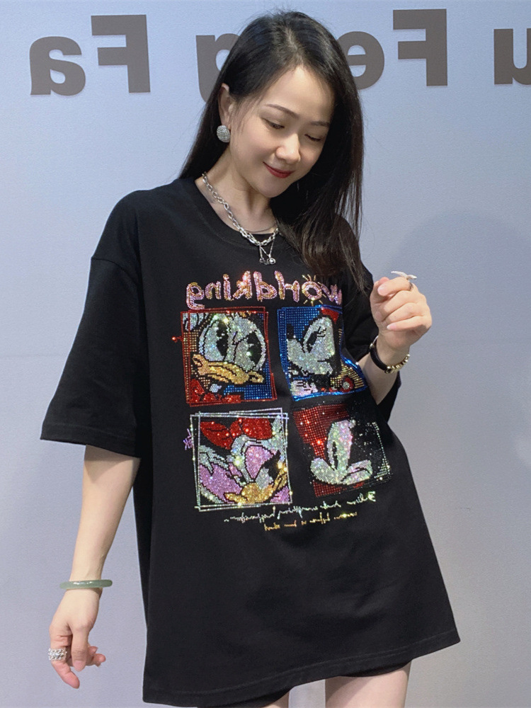 Camiseta de algodón de mujer europea y americana de mangas cortas de verano industria pesada caliente de diamantes para hombres y mujeres camiseta negra media camiseta gran estilo de viento lento