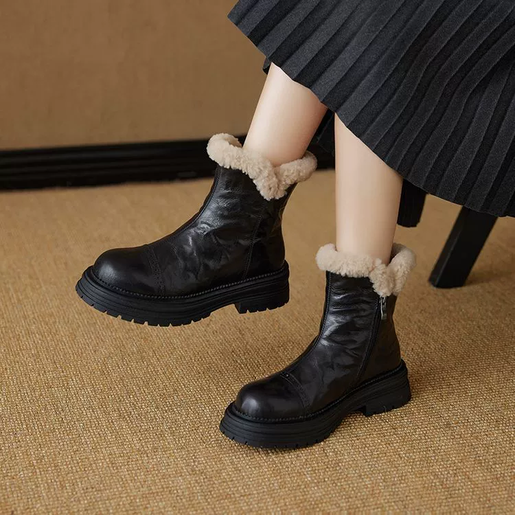 Баранья шерсть Мартин снежные сапоги женские кожаные северо-восточные хлопчатобумажные туфли 2024 новый зимний бархат толстые волосы теплые короткие сапоги