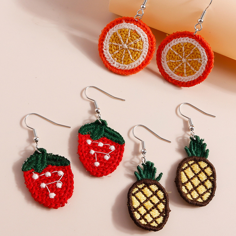 Pendientes De Limón De Piña De Fresa De Fruta Tejida De Tela De Moda display picture 3