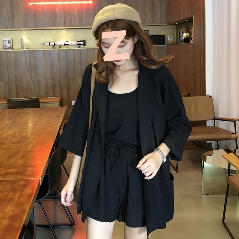 三件套女韩版宽松2025新款春夏季网红小吊带短裤套装西装外套女装