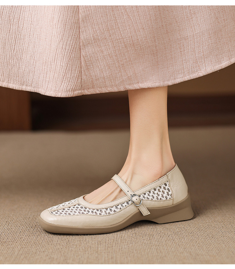 Giày ballet nữ da thật lỗ rỗng phong cách DeTrain phối lưới mùa xuân hè — màu đen, màu trắng ngà chi tiết 19