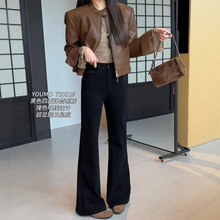 YOUMO有陌72031黑色四面弹牛仔喇叭长裤女秋季韩版百搭显瘦筒喇裤