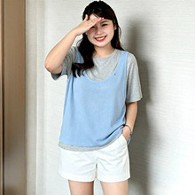大码女装圆领撞色假两件上衣女2026夏款胖mm休闲针织短袖t恤