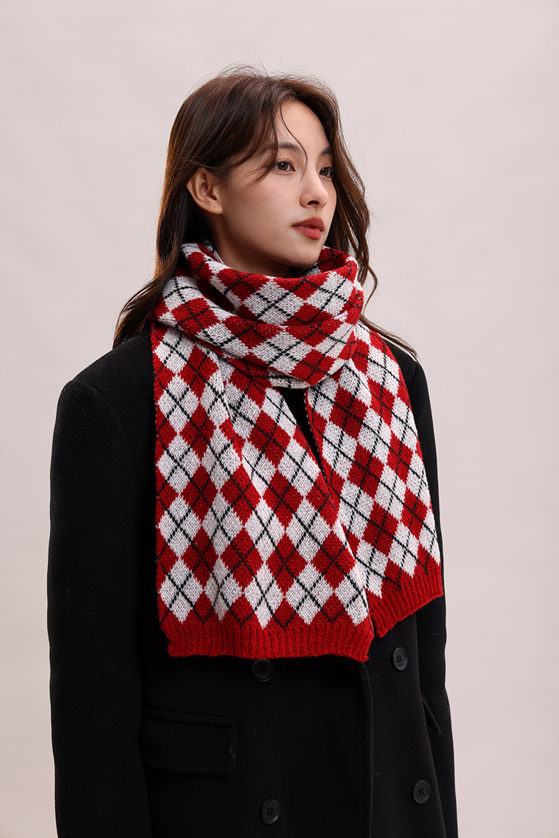 Sciarpa lavorata a maglia autunno inverno nuova con griglia a rombi, collo spesso e caldo, versatile per coppie, morbida_voghion.com