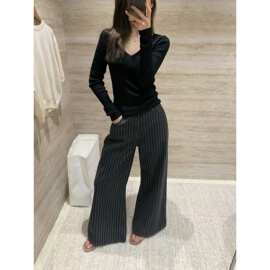 直筒黑色竖条纹阔腿裤女牛仔裤秋装新款休闲小个子拖地裤裤子
