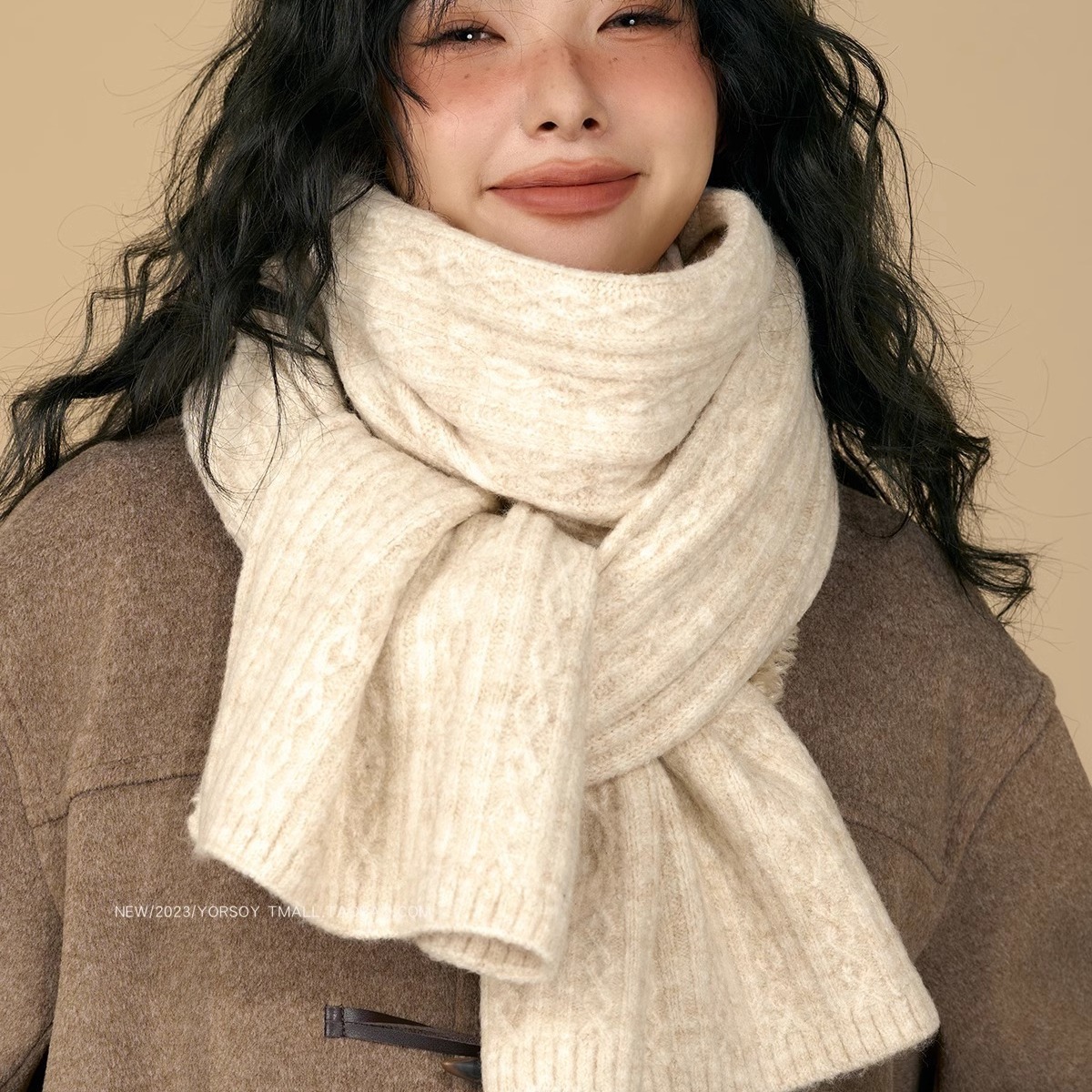 软糯米白色纯色围巾女冬季复古麻花保暖加厚针织毛线学院风围脖男