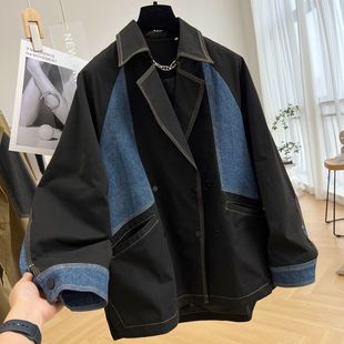 Heavy Denim Stitching Jacket Casual Workwear Women's Spring and Autumn Thin Mid-length Windbreaker Jacket Design Sense