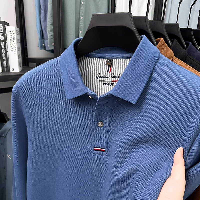 Áo polo nam dài tay cổ bẻ 100% cotton đánh bóng, form regular — nâu vàng