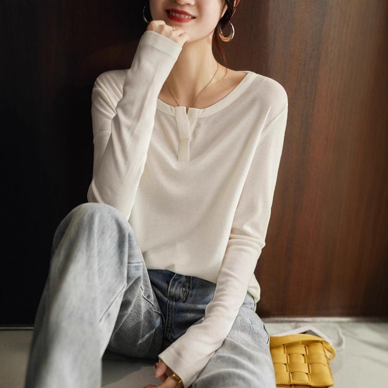 Lenzing Tencel Cotton Open V-Neck Long-Sleeve T-Shirt, Spring and Autumn Casual Versatile Slim-Fit Base Shirt