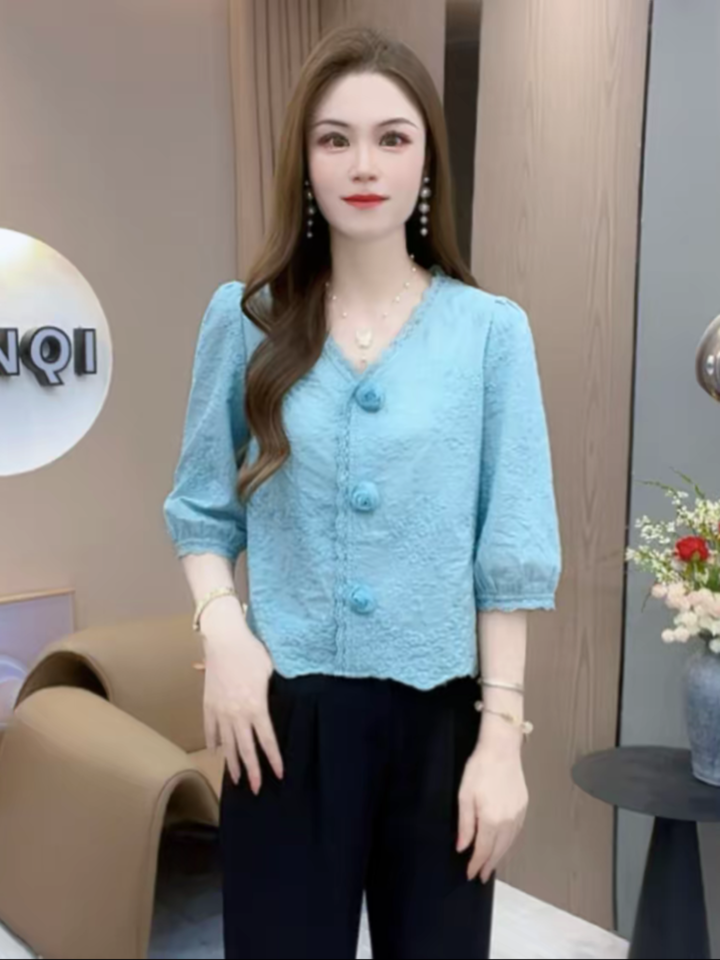 法式V领时尚衬衫女士早秋新款洋气外贸小衫小个子宽松五分袖上衣|undefined