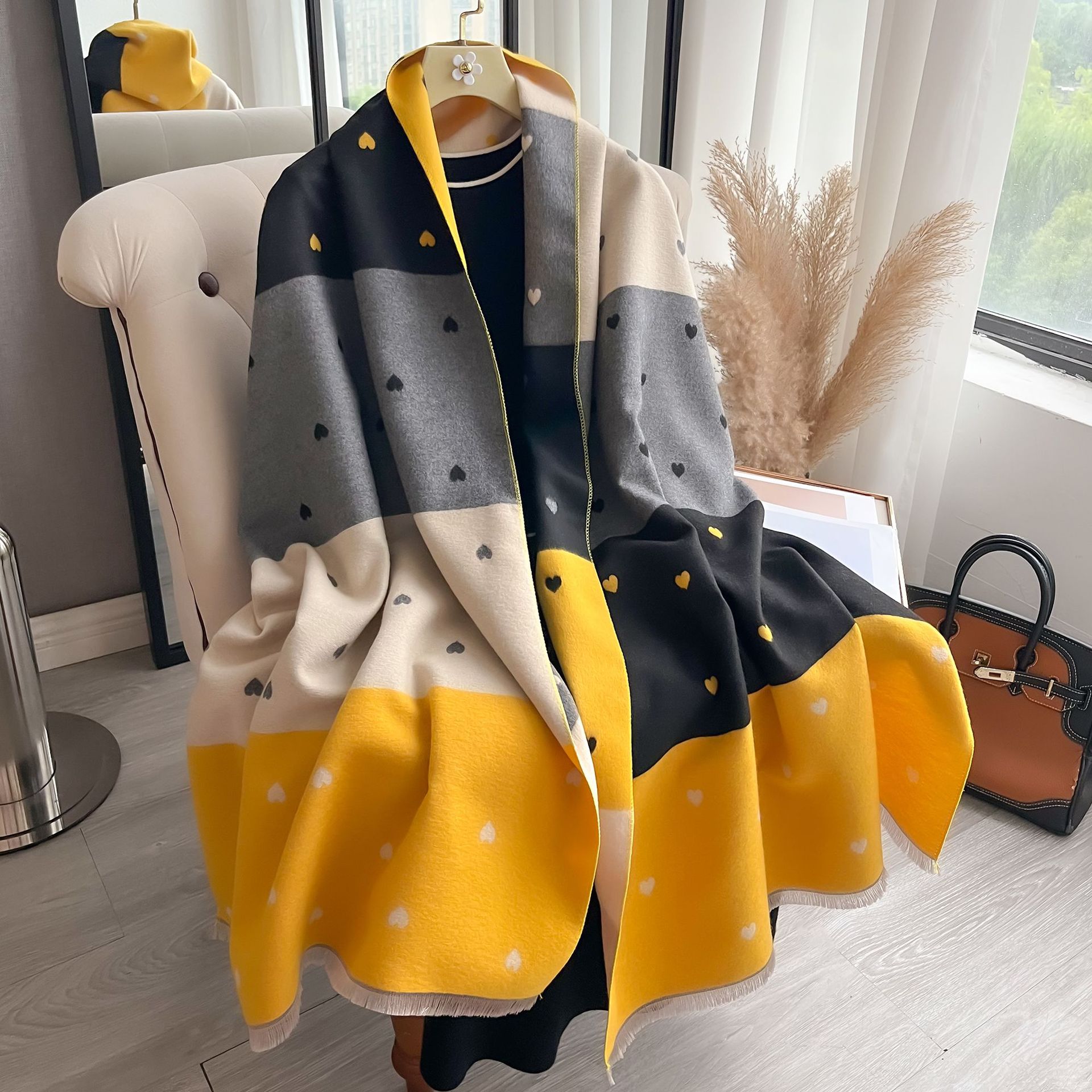 2024 coreano de doble cara pequeño amor impresión de color imita bufandas de cashmere mujeres otoño invierno amplio abrigo bufandas