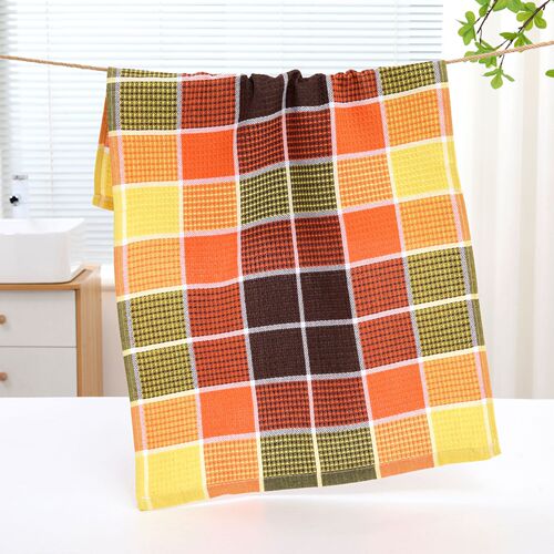 Custom-label, hot-selling classic-colored woven plaid tea towels and kitchen cloths—beautiful as brocade—for Europe and the U.S.