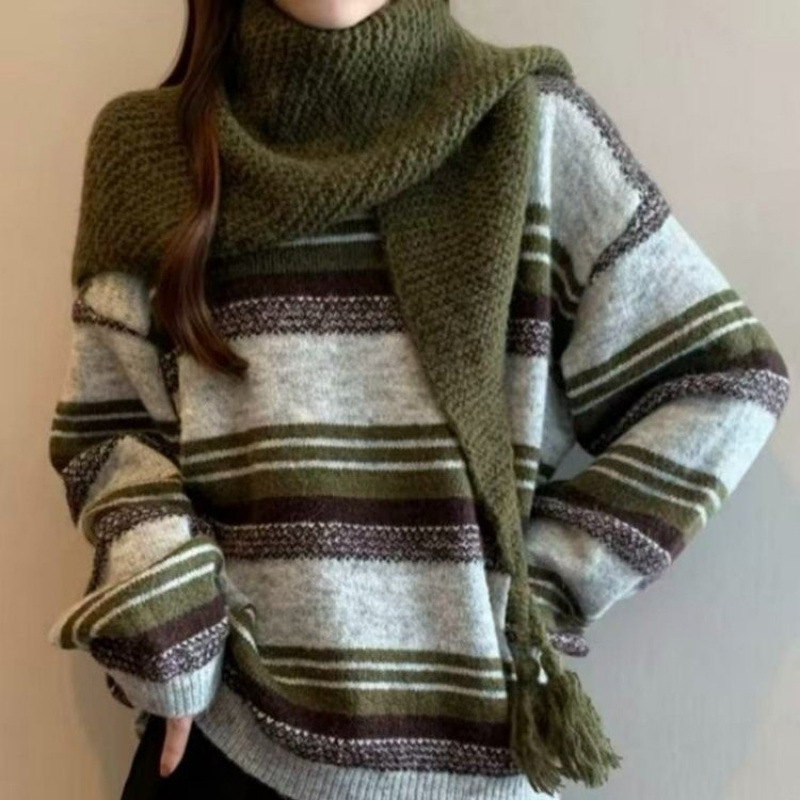 One-Piece Set of Two-Piece Green Striped Scarf, Shawl, Sweater, Knitwear, 2026 Autumn and Winter Lazy Retro New Style One-Piece Set of Two-Piece Green Striped Scarf, Shawl, Sweater, Knitwear, 2026 Autumn and Winter Lazy Retro New Style