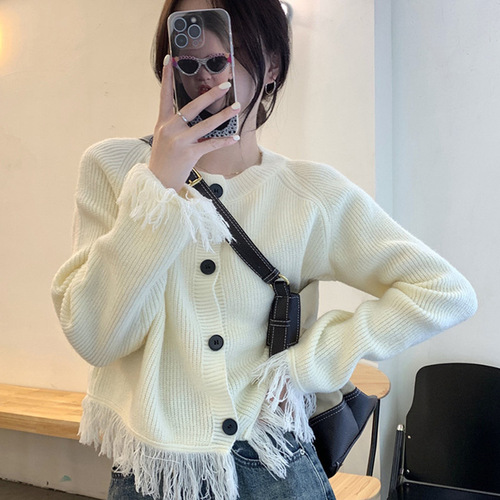 Korean-style design long-sleeved cashmere sweater coat for women, autumn and winter tassel loose knit open sweater coat