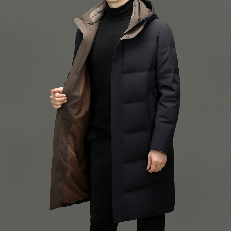 名牌时尚男装长款过膝羽绒服新款青中年爸爸加厚连帽保暖免烫外套