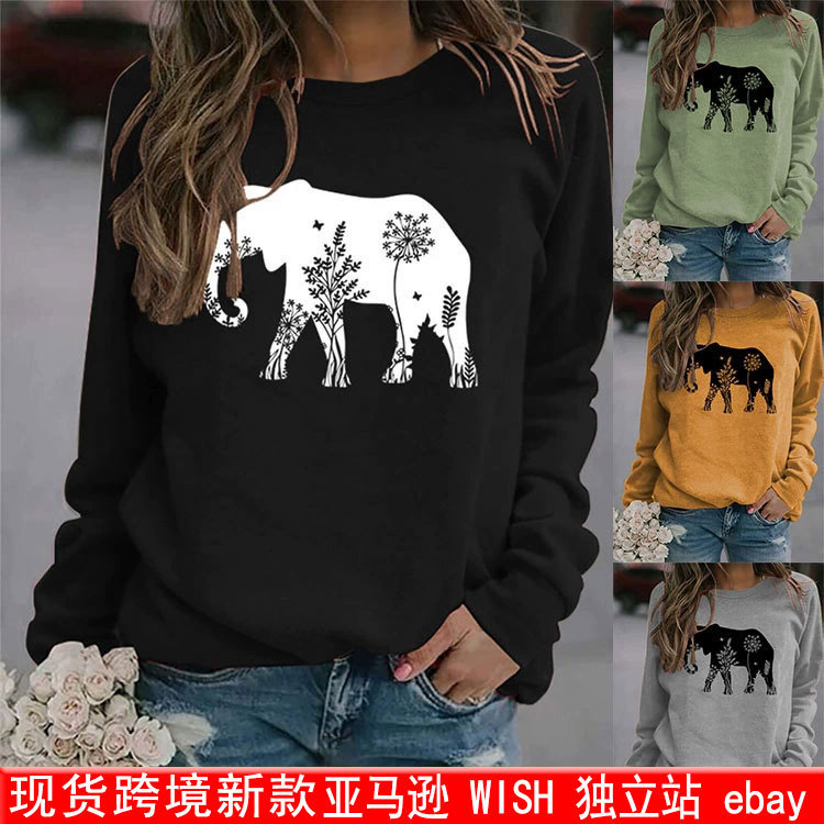 European and American Ebay Independent Station Fashion Fun Temperament Dandelion Elephant Amazon Round Neck Long-Sleeve Sweatshirt Base Shirt