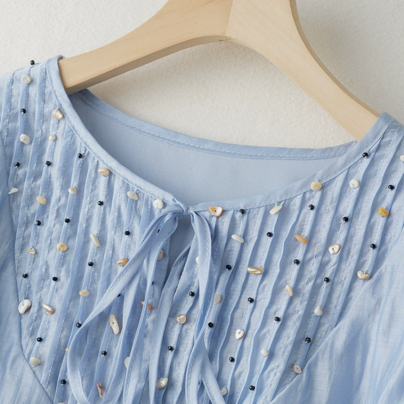 Женская летняя тонкая элегантная милая футболка-топ с круглым вырезом, шнуровкой и бантом, короткий рукав, дизайн 2025 года