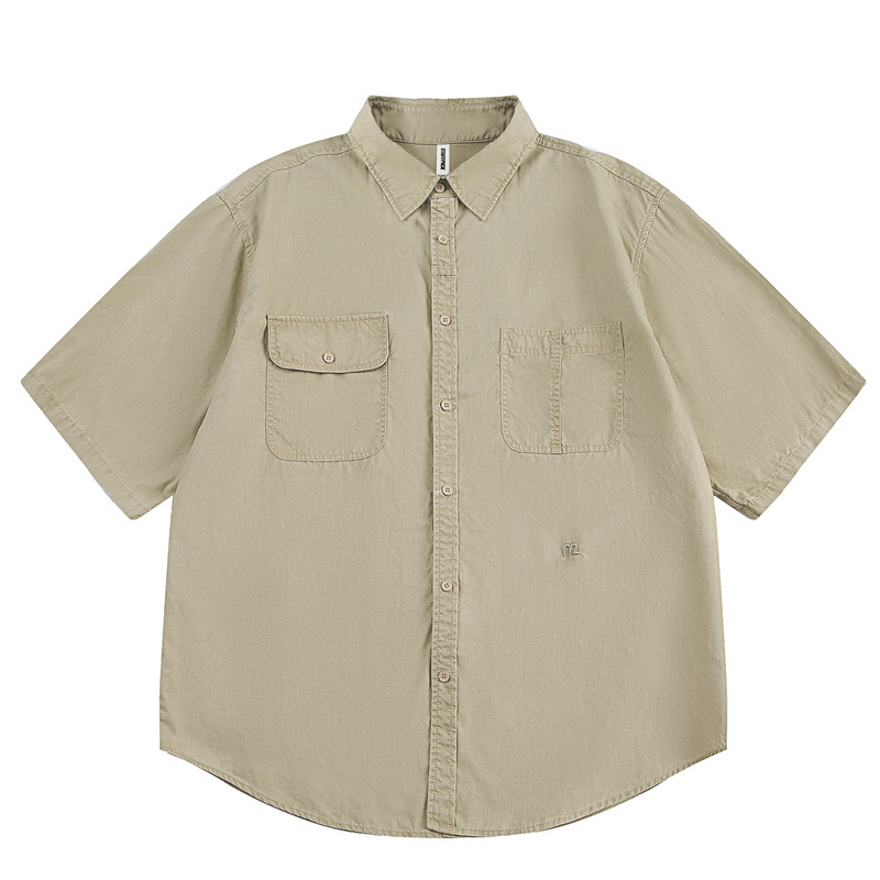 Japanese Retro Multi-Pocket Workwear Short-Sleeve Shirt for Men and Women, Loose Fit, Washed Cotton, Vintage Five-Point Sleeve Work Shirt