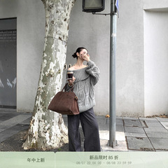 label方 一字领毛衣女秋冬季新款纯色露肩加厚百搭慵懒风针织外套