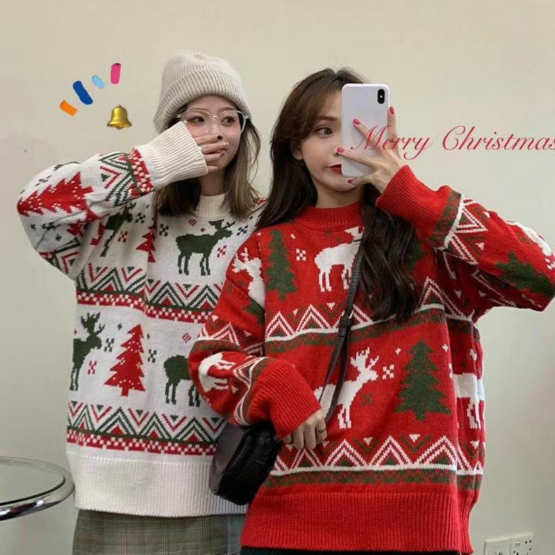 Korean Style Autumn and Winter Retro Christmas Deer Red Illustration Outer Wear Loose Pullover Thickened Sweater Female Bestie Outfit