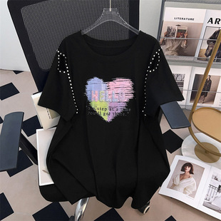 New plus fat plus size slim loose long short sleeve T-shirt female 200/300/175.00kg 1066