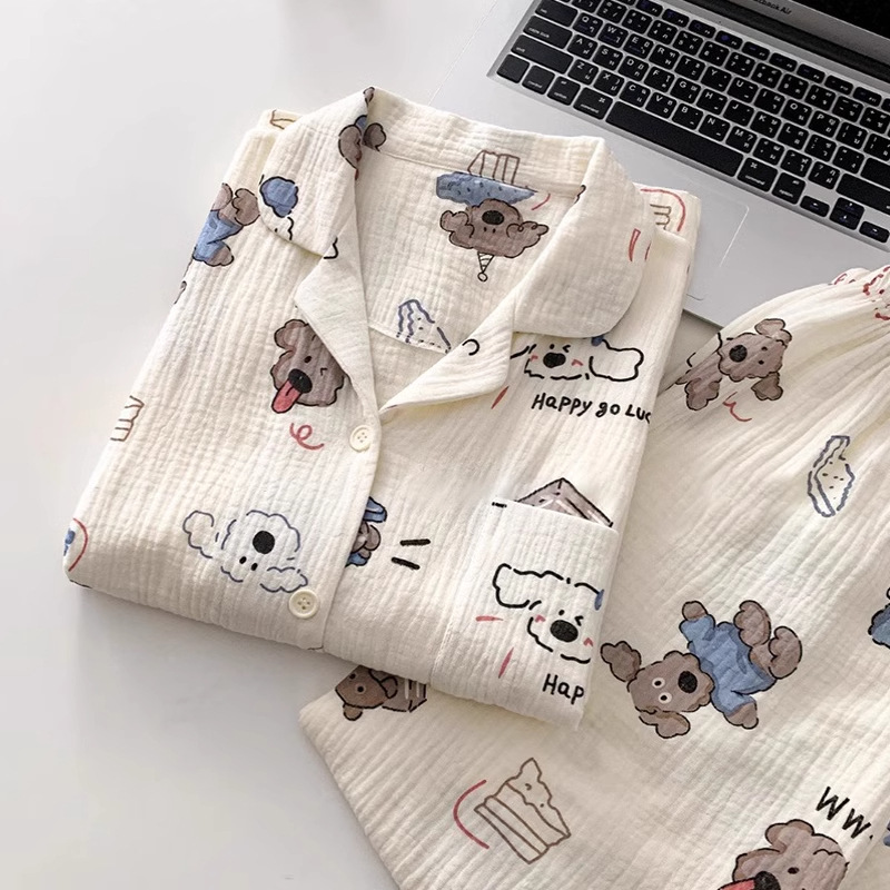 2025 New Cotton Gauze Spring and Autumn Pajamas Women's Summer Long Sleeve Cartoon Japanese Puppy Cute Loose Home Clothes 2025 New Cotton Gauze Spring and Autumn Pajamas Women's Summer Long Sleeve Cartoon Japanese Puppy Cute Loose Home Clothes