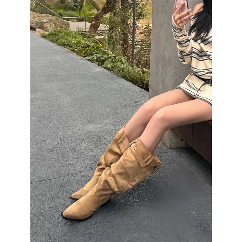 羊皮版~复古尖头西部牛仔靴显瘦褶皱堆堆靴女粗跟气质不过膝长靴|undefined