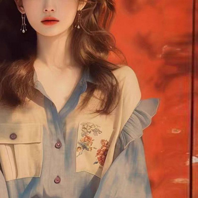 今年人気の美しいシャツ、フランスのユニークなニッチデザイン、韓国の年齢軽減スリムフィットブルーシャツ、トレンディ|undefined