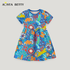 24 Summer New Girls' Dress Cartoon Animal Print Children's Clothing Princess Dress Round Neck Short Sleeve Girls' Skirt